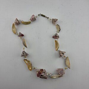 Sea Shell Bead Necklace Pink Green Gold Boho Tribal Ethnic Vintage 16 Inches